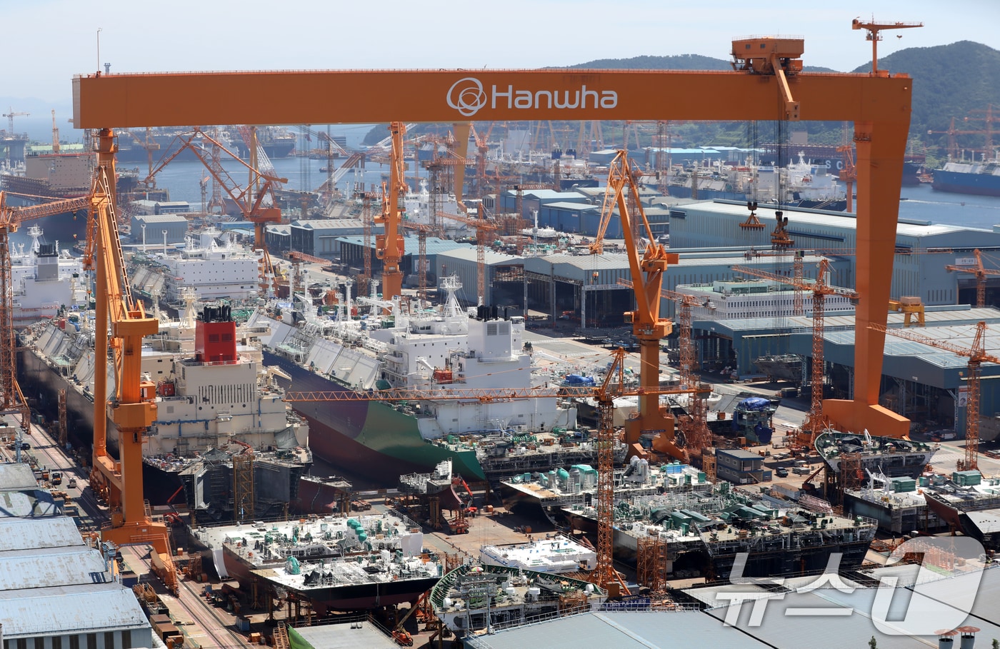 대미 수출 관세 인하와 조선업 투자를 골자로 한 한미 무역 협상이 타결된 31일 경남 거제시 아주동 한화오션 거제사업장에 대형 크레인이 보이고 있다. 2025.7.31/뉴스1 ⓒ News1 윤일지 기자