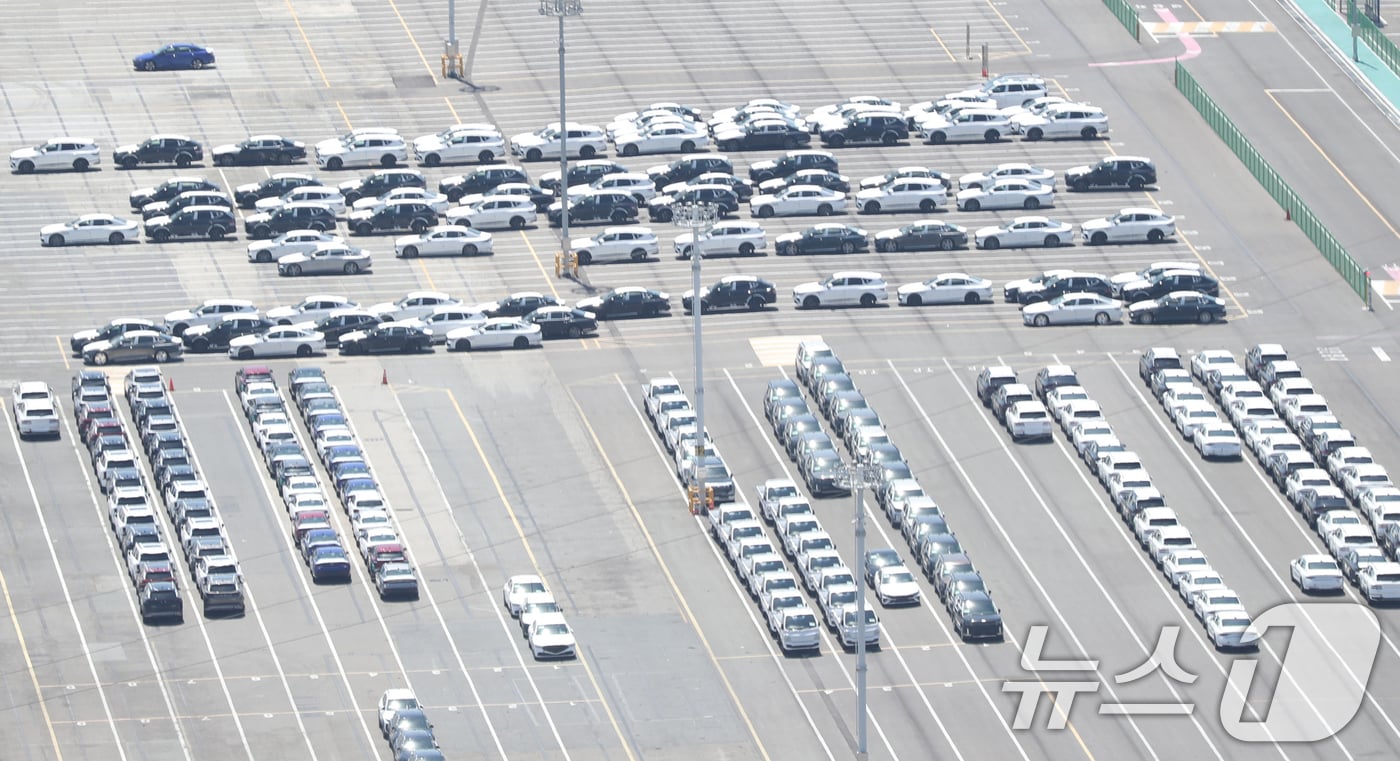  현대자동차 울산공장 수출 선적부두 인근 야적장에 완성차들이 대기하고 있다. 2025.7.31/뉴스1 ⓒ News1 조민주 기자