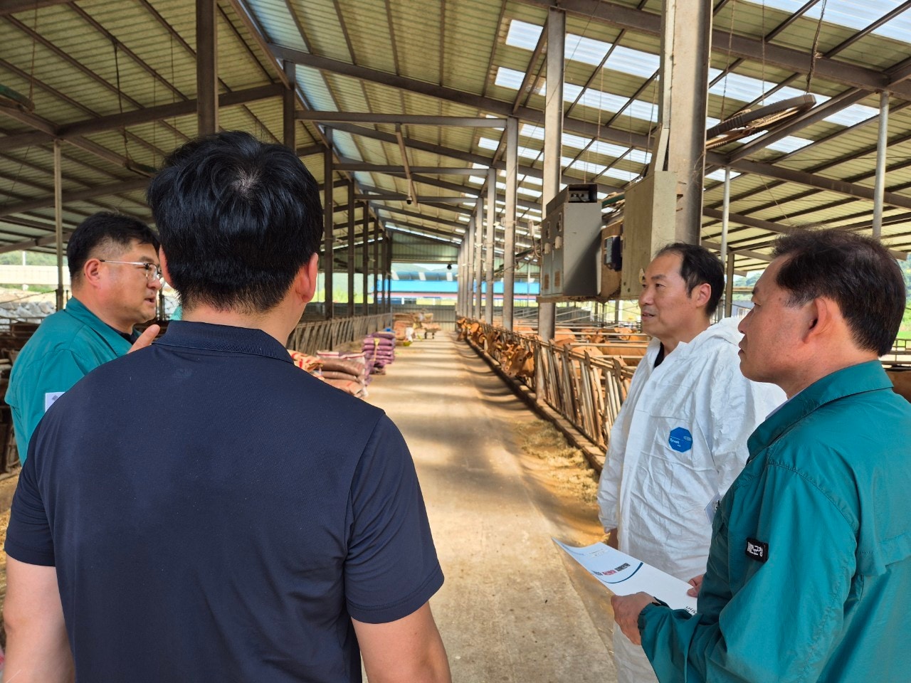 강민구 농촌진흥청 국립축산과학원 축산생명환경부장이 31일 경상남도 합천군 율곡면에 위치한 한우농장을 방문해 집중호우로 인한 축사 침수 피해 상황을 점검하고 있다. &#40;농촌진흥청 제공&#41; 2025.07.31 /뉴스1