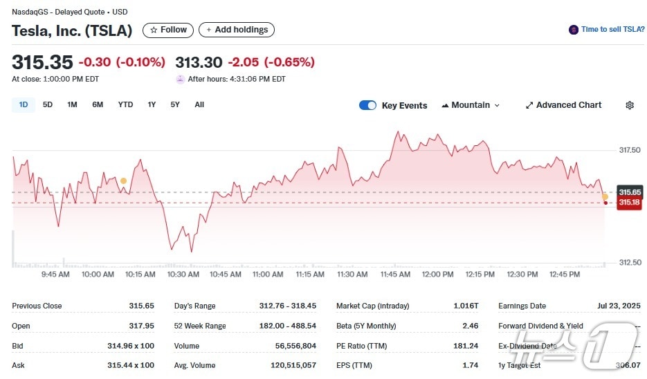 테슬라 일일 주가추이 - 야후 파이낸스 갈무리