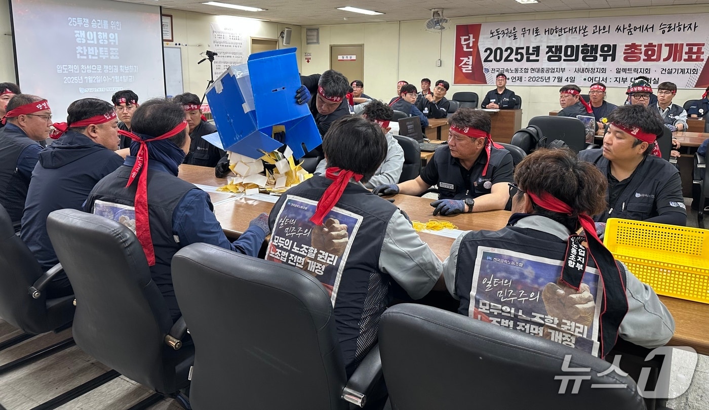 4일 HD현대중공업 지부 대회의실에서 쟁의행위 찬반투표 개표가 진행되고 있다. &#40;HD현대중공업 노조 제공. 재판매 및 DB 금지&#41; /뉴스1