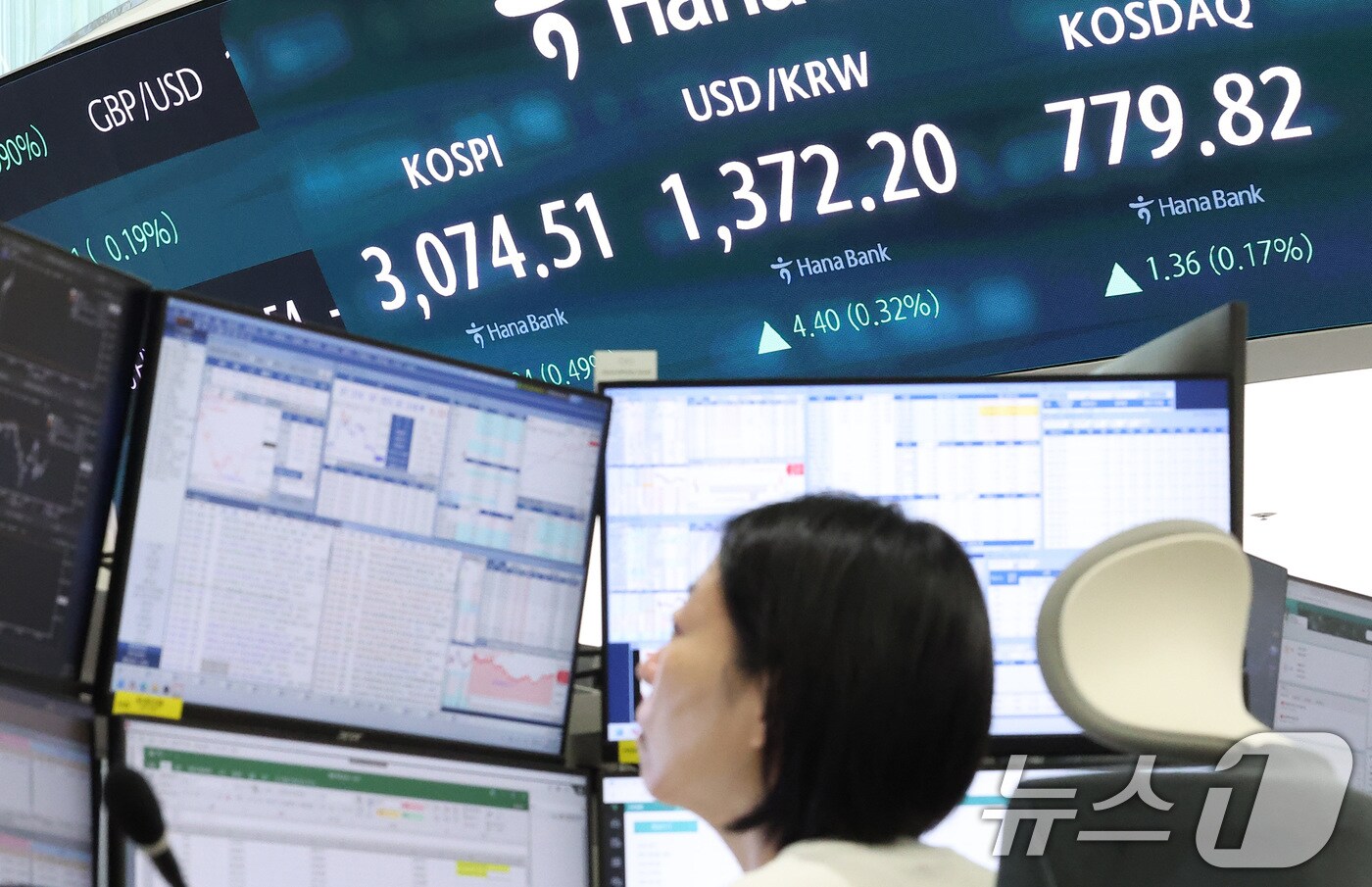 도널드 트럼프 미국 대통령이 오는 8월 1일부터 모든 한국산 제품에 25%의 상호관세를 부과하겠다고 통보한 8일 오전 서울 중구 하나은행 딜링룸 전광판에 개장 시황이 나오고 있다.  2025.7.8/뉴스1 ⓒ News1 김성진 기자