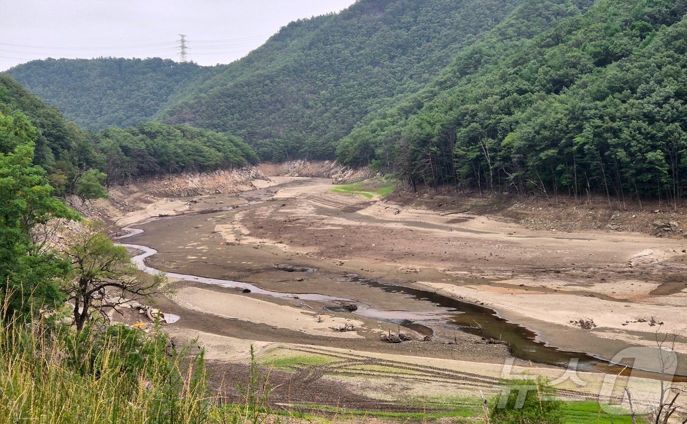 8일 강원 강릉시 성산면 오봉저수지 수위가 낮아지며 바닥을 드러내고 있다. 이날 기준 해당 저수지 저수율은 32%로, 전국 평균&#40;62.2%&#41;보다 현저히 낮은 수준을 보이고 있다. 2025.7.8/뉴스1 ⓒ News1 윤왕근 기자