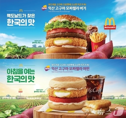 이달 10일부터 한국맥도날드 전국 400여개 매장에서 신제품 '익산 고구마 모짜렐라 버거'와 '익산 고구마 모짜렐라 머핀'을 만날 수 있다.(익산시 제공. 재판매 및 DB금지)