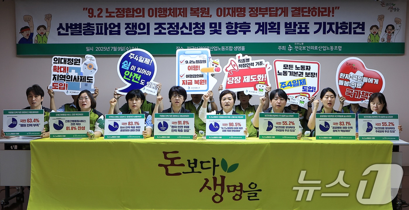 전국보건의료산업노동조합 최희선 위원장과 노조 지도부 등이 9일 오전 서울 영등포구 버드나루로 전국보건의료산업노동조합 생명홀에서 가진 산별총파업 동시 쟁의조정신청 보고 및 향후 계획 발표 기자회견에서 구호를 외치고 있다. 2025.7.9/뉴스1 ⓒ News1 박정호 기자