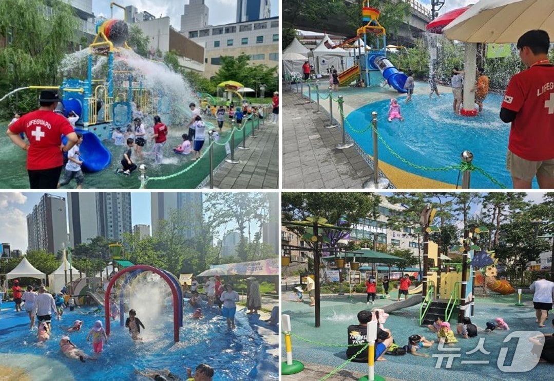 지난해 어린이들이 가재울어린이공원, 문화촌어린이공원, 은가어린이공원, 중앙근린공원 물놀이터(왼쪽 위부터 시계 방향)를 이용하는 모습.(서대문구 제공)