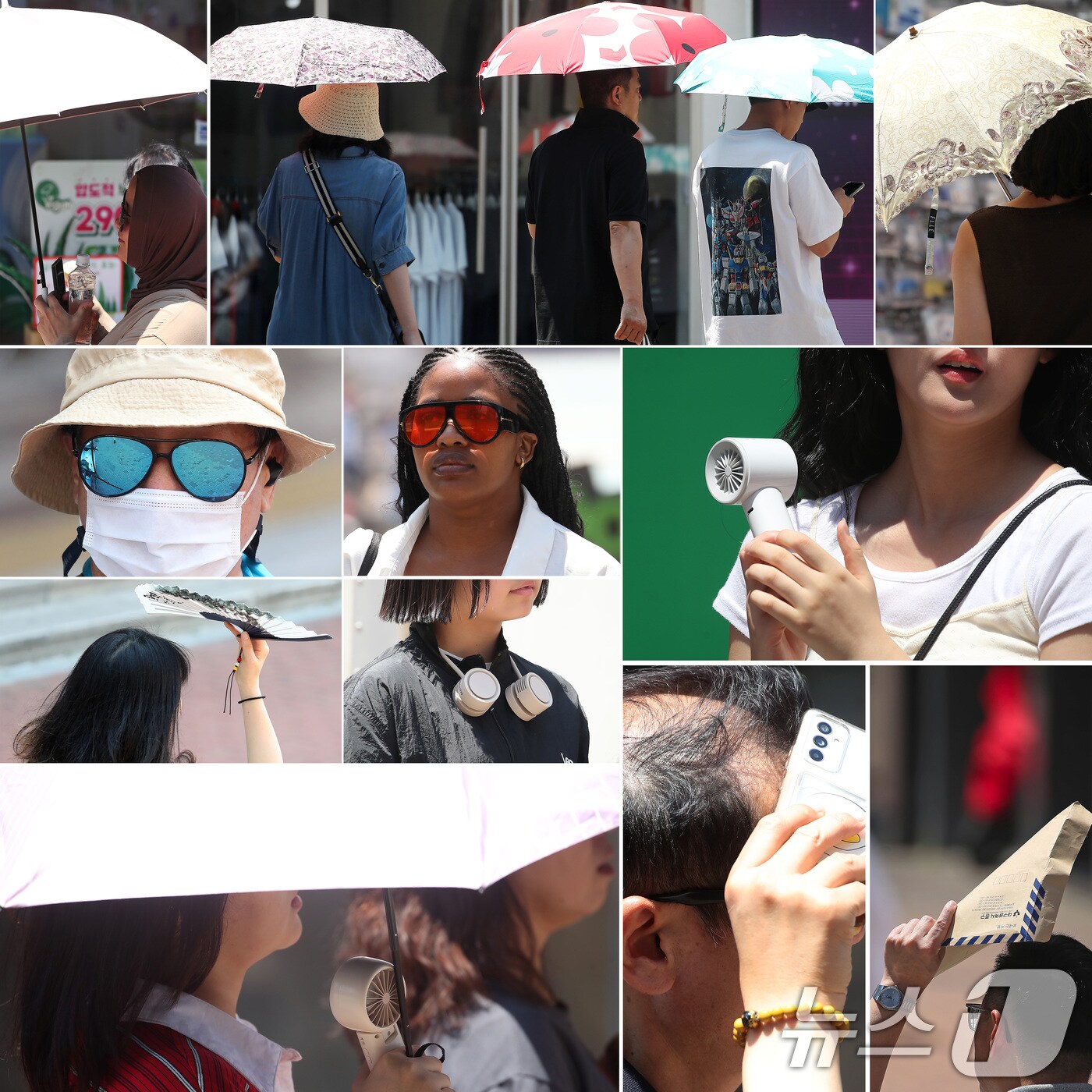 폭염이 계속된 1일 대구 중구 동성로를 찾은 시민들이 양산과 휴대용 선풍기를 비롯해 선글라스, 시원한 음료, 부채 등 다양한 휴대품으로 뙤약볕을 가린 채 발걸음을 옮기고 있다. 2025.8.1/뉴스1 ⓒ News1 공정식 기자