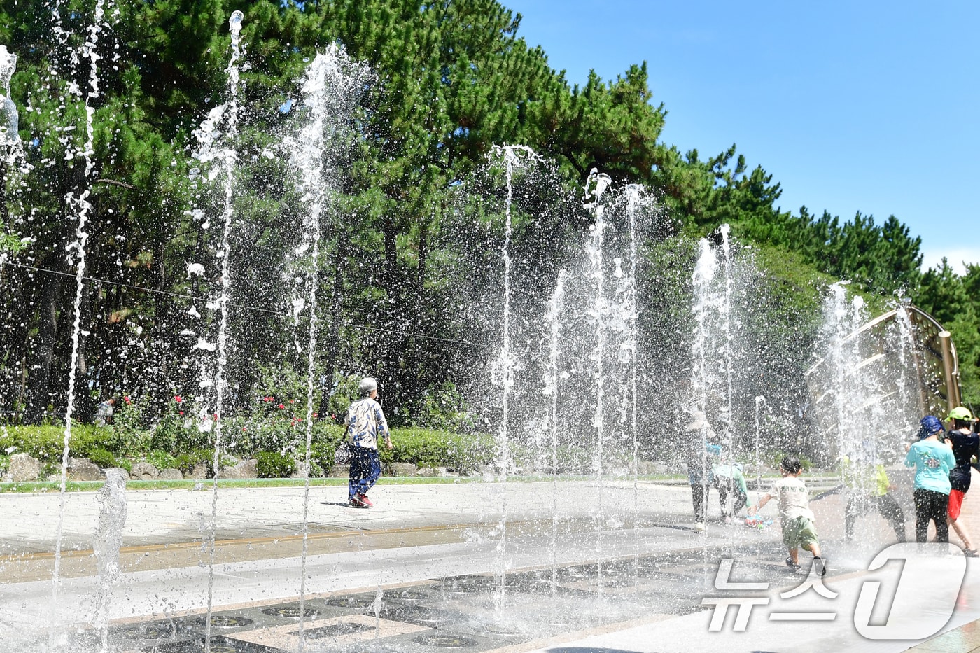 음악분수대에서 어린이들이 즐거운 시간을 보내고 있다. 2025.8.10/뉴스1 ⓒ News1 최창호 기자