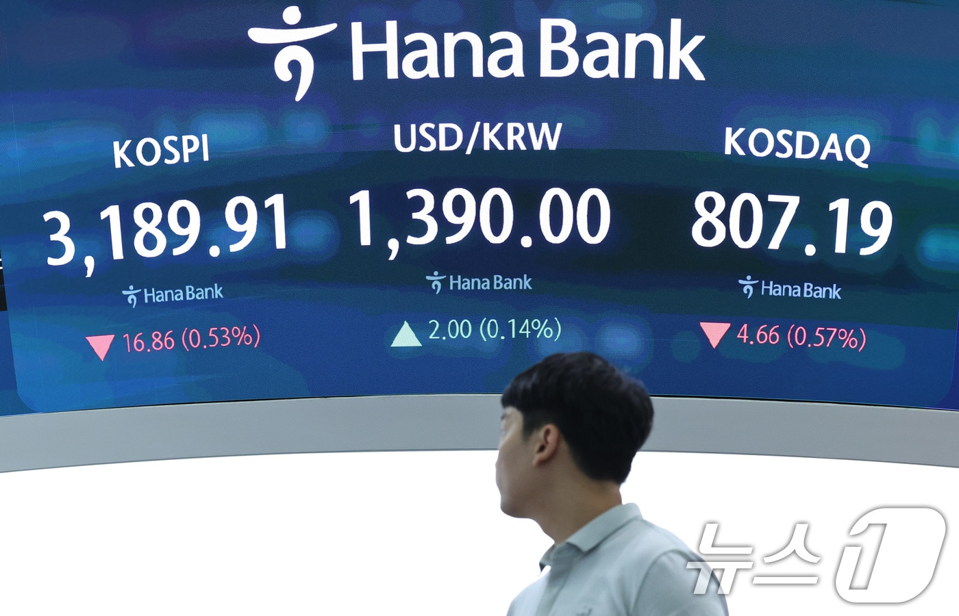 서울 중구 하나은행 본점 딜링룸 전광판./뉴스1 ⓒ News1 구윤성 기자