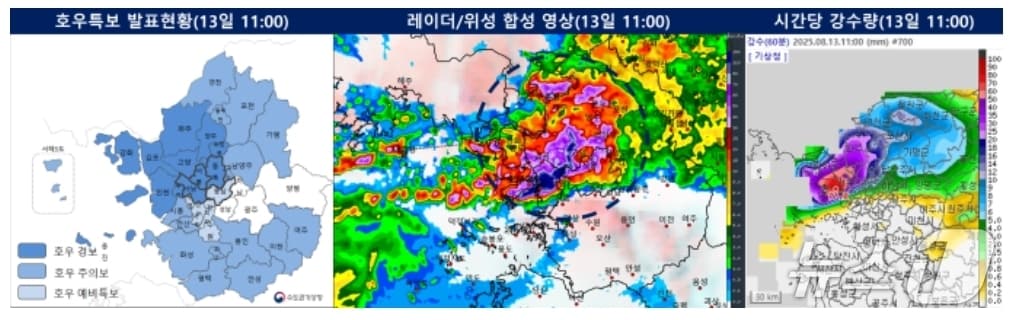 기상청 호우특보 발효현황 및 시간당 강수량. &#40;기상청 날씨누리&#41;
