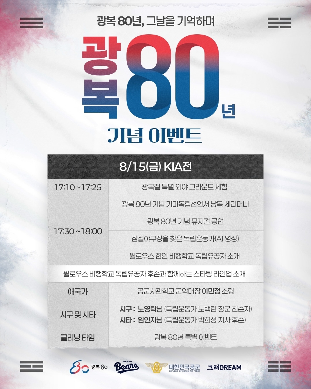 두산 베어스가 15일 서울 잠실 구장에서 열리는 KIA 타이거즈와 정규시즌 맞대결에서 '광복 80년, 8.15 그날을 기억하며' 행사를 진행한다.(두산 베어스 제공)