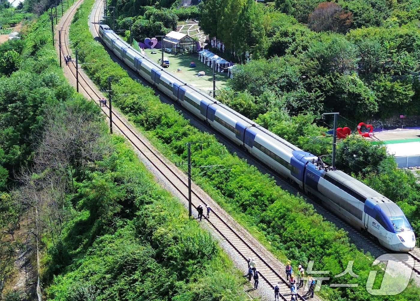 19일 오전 10시 52분쯤 경북 청도군 화양읍 삼신리 청도소싸움 경기장 인근 경부선 철로에서 마산으로 향하던 무궁화 열차가 선로에서 작업하던 근로자 7명을 치는 사고가 발생했다. 경찰과 소방, 코레일 등 관계자들이 사고 현장을 조사하는 가운데 우측으로 열차가 서행하고 있다. 2025.8.19/뉴스1 ⓒ News1 공정식 기자