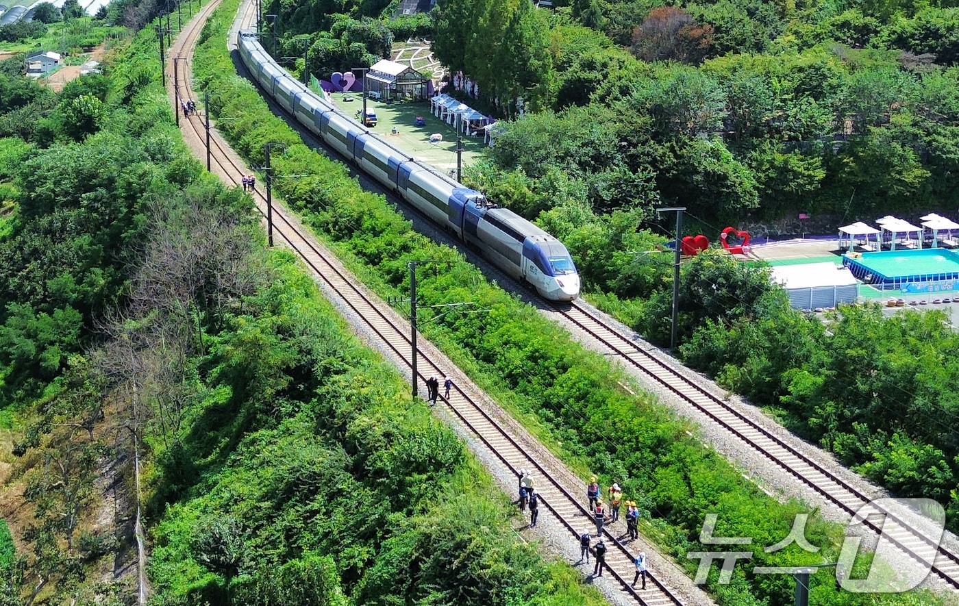 지난 19일 오전 10시52분쯤 경북 청도군 화양읍 삼신리 경부선 철로에서 진주로 향하던 무궁화호 열차가 선로에서 작업하던 근로자 7명을 치었다. 이 사고로 2명이 숨지고 5명이 중경상을 입었다. 경찰과 소방, 코레일 등 관계자들이 사고 현장을 조사하는 가운데 열차가 서행하고 있다. 2025.8.19/뉴스1 ⓒ News1 공정식 기자