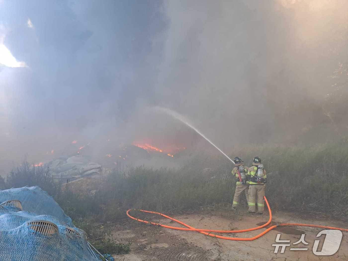 강원 강릉시 강동면 폐목재 야적장 화재 진화 현장.(강원도소방본부 제공, 재판매 및 DB 금지) 2025.8.20/뉴스1