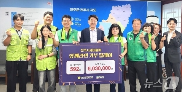 송병용 회장 등 전주새마을회 회원들이 21일 우범기 전주시장을 방문, “전주함께라면에 동참하고 싶다”면서 후원금 603만 원을 전달했다.(전주시 제공, 재판매 및 DB 금지)/뉴스1