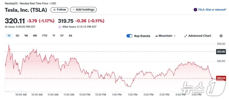 테슬라 일일 주가추이 - 야후 파이낸스 갈무리