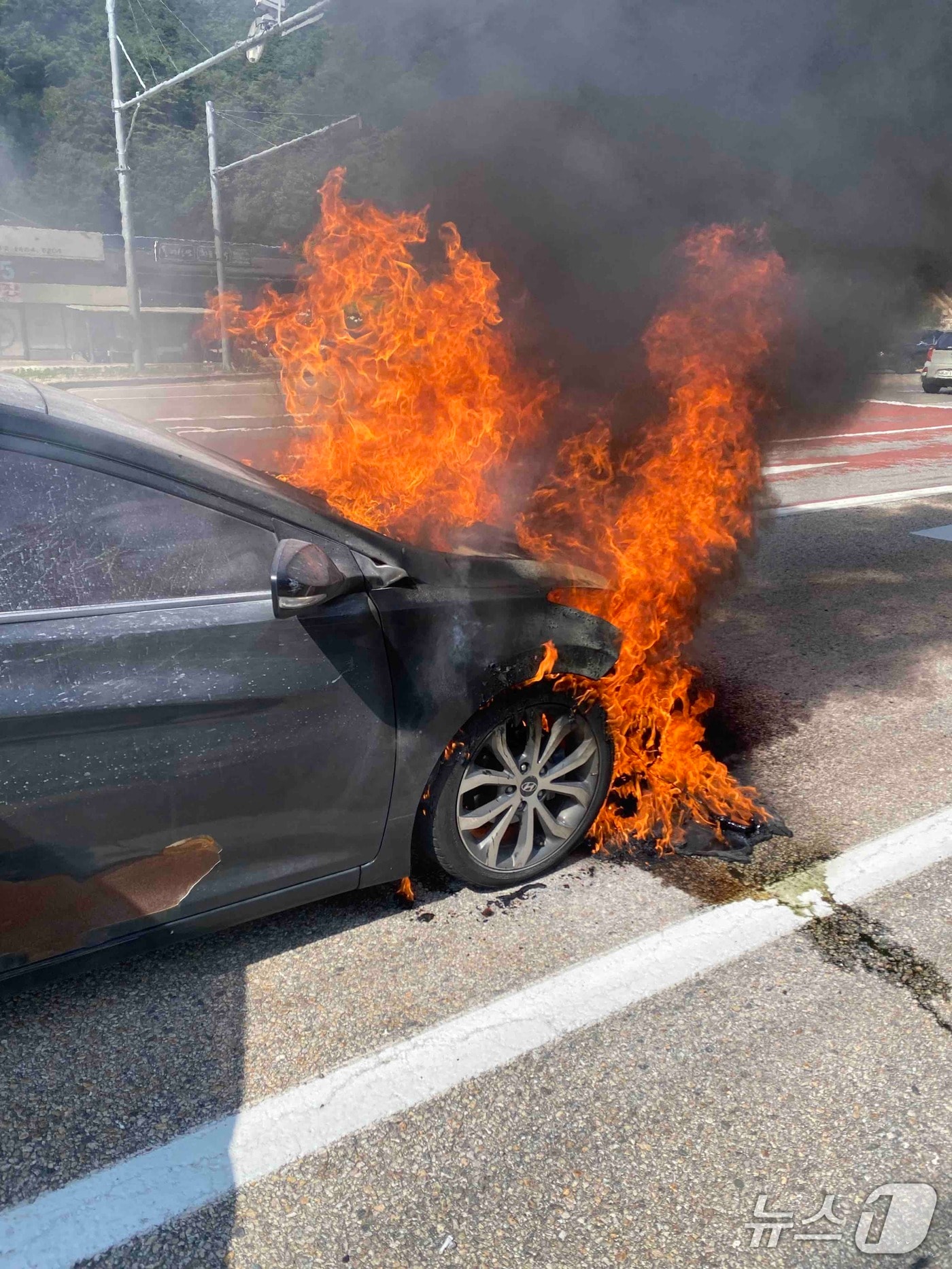 강원 인제 북면 도로 승용차 화재 현장.(강원도소방본부 제공, 재판매 및 DB 금지) 2025.8.22/뉴스1