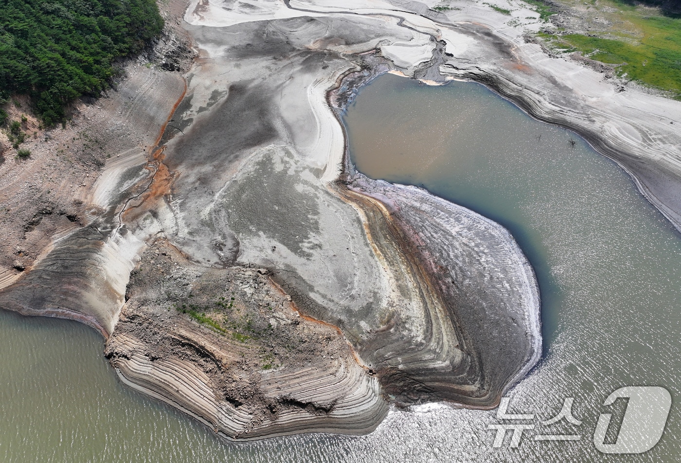 강릉 지역의 심각한 가뭄이 이어지고 있는 가운데 위성에서도 저수지 표면적이 61% 줄어들어 곳곳에서 바닥이 보였다. 24일 위성 스타트업 텔레픽스가 위성영상을 분석한 자료에 따르면 강릉 주 수원지인 오봉저수지의 저수 표면적을 탐지한 결과 4월 21일 0.75㎢로 최대였던 표면적은 이달 17일 들어 0.29㎢까지 줄어든 것으로 나타났다. 강릉시 가뭄 단계는 지난 21일 &#39;심각&#39; 단계로 격상됐으며, 강릉시에 필요한 물 87%를 공급하는 오봉저수지 저수율은 10%대로 뚝 떨어져 극심한 물 부족 현상을 빚고 있다. 24일 강원 강릉시 주요 상수원인 오봉저수지와 일대 하천의 바닥이 드러나 있다. 2025.8.24/뉴스1 ⓒ News1 김성진 기자