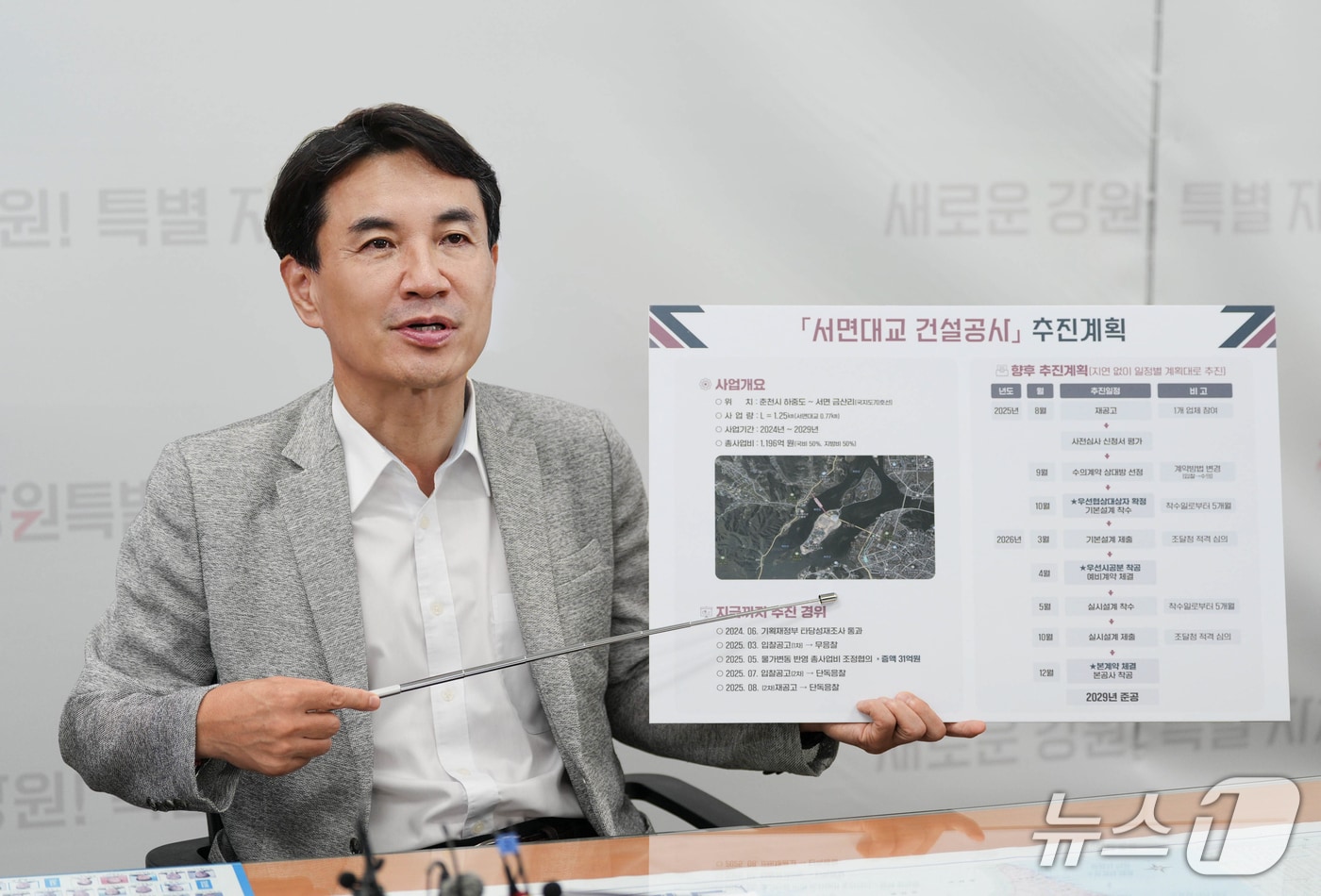 김진태 강원도지사가 25일 도청에서 춘천 서면대교 건설사업에 대해 설명하고 있다.(강원도 제공. 재판매 및 DB금지)/뉴스1