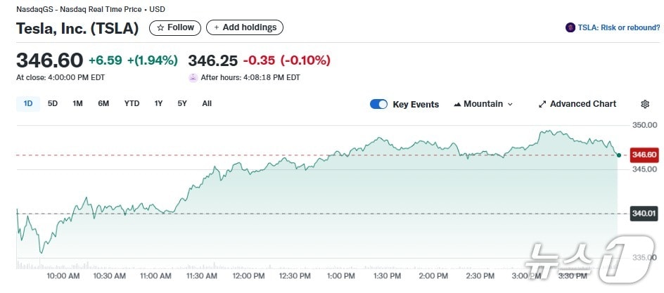 테슬라 일일 주가추이 - 야후 파이낸스 갈무리