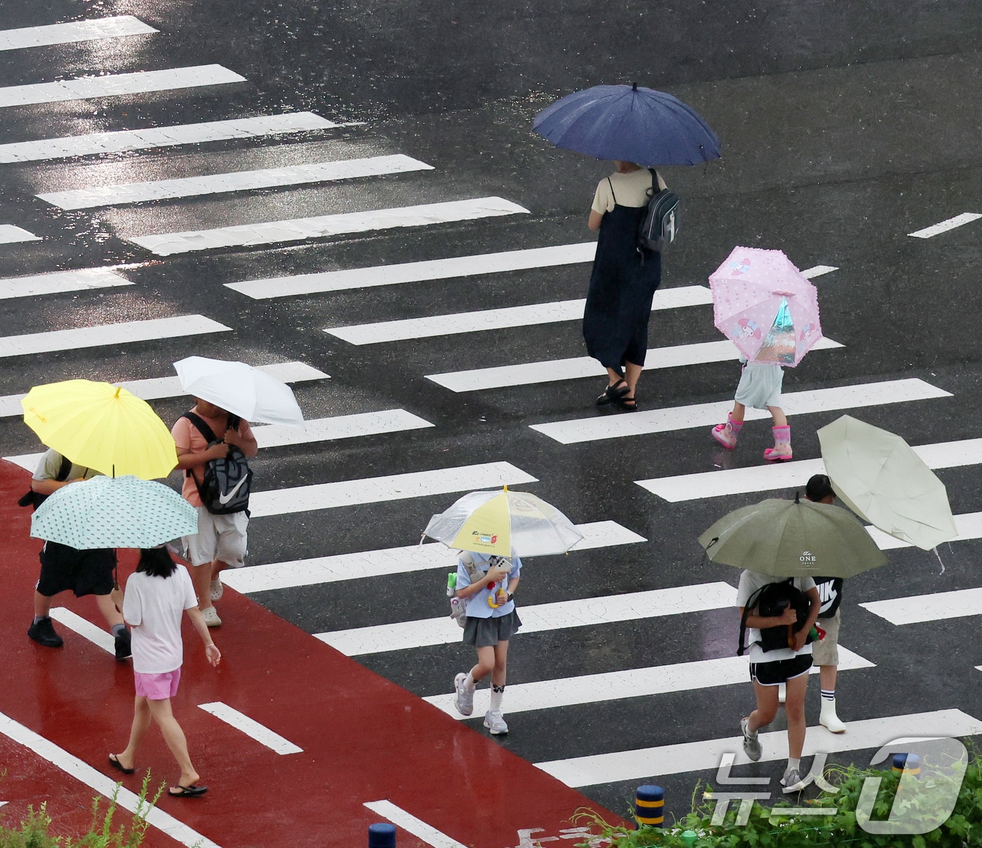 전북 대부분 지역에 호우특보가 발효된 26일 전북 완주군 삼봉로 한 횡단보도에서 우산을 쓴 학생들이 등굣길 발걸음을 재촉하고 있다. 2025.8.26/뉴스1 ⓒ News1 유경석 기자