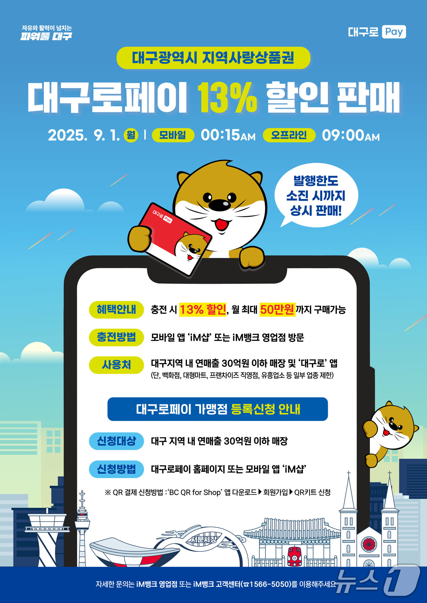 대구시는 다음 달 1일부터 지역사랑상품권(지역화폐) '대구로페이' 할인율을 기존 7％에서 13％로 인상한다. (대구시 제공. 재판매 및 DB 금지)/뉴스1