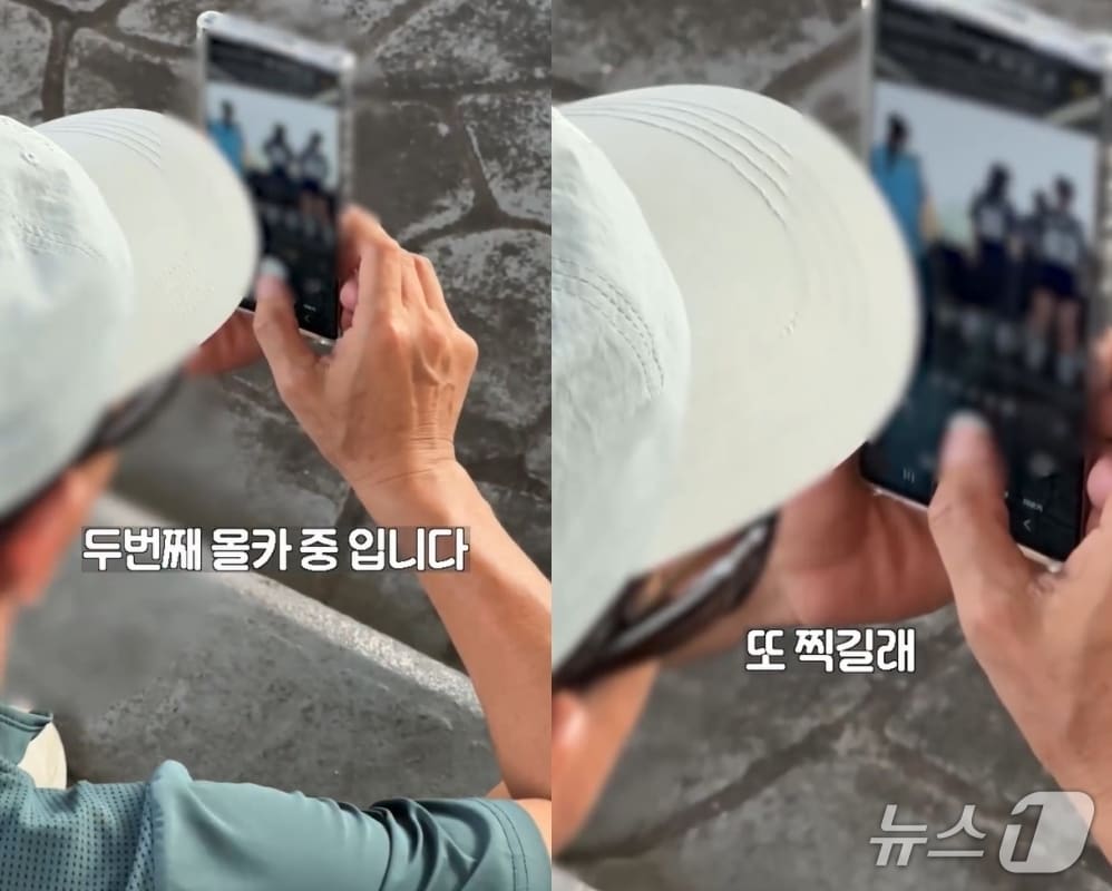 앞에 서 있던 여성들을 불법 촬영하는 모습. (SNS 갈무리)