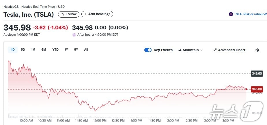 테슬라 일일 주가추이 - 야후 파이낸스 갈무리