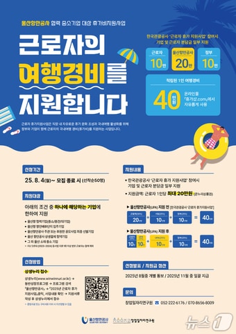 울산항만공사(UPA, 사장 변재영)는 ‘2025년 중소기업 근로자 휴가비 지원 사업을 마련해 4일부터 수혜자 50명을 선착순으로 모집한다.