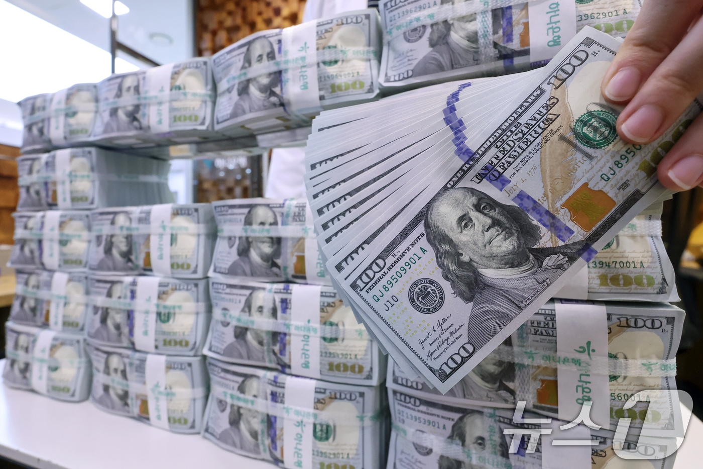 서울 중구 하나은행 위변조대응센터에서 직원이 100달러 지폐를 살펴보고 있다, 2025.8.5 ⓒ 뉴스1 민경석 기자