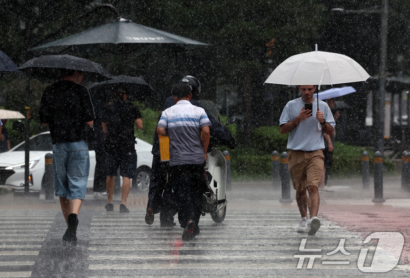 6일 오후 우산을 쓴 시민들이 비를 피해 걷고 있다. 2025.8.6/뉴스1 ⓒ News1 구윤성 기자