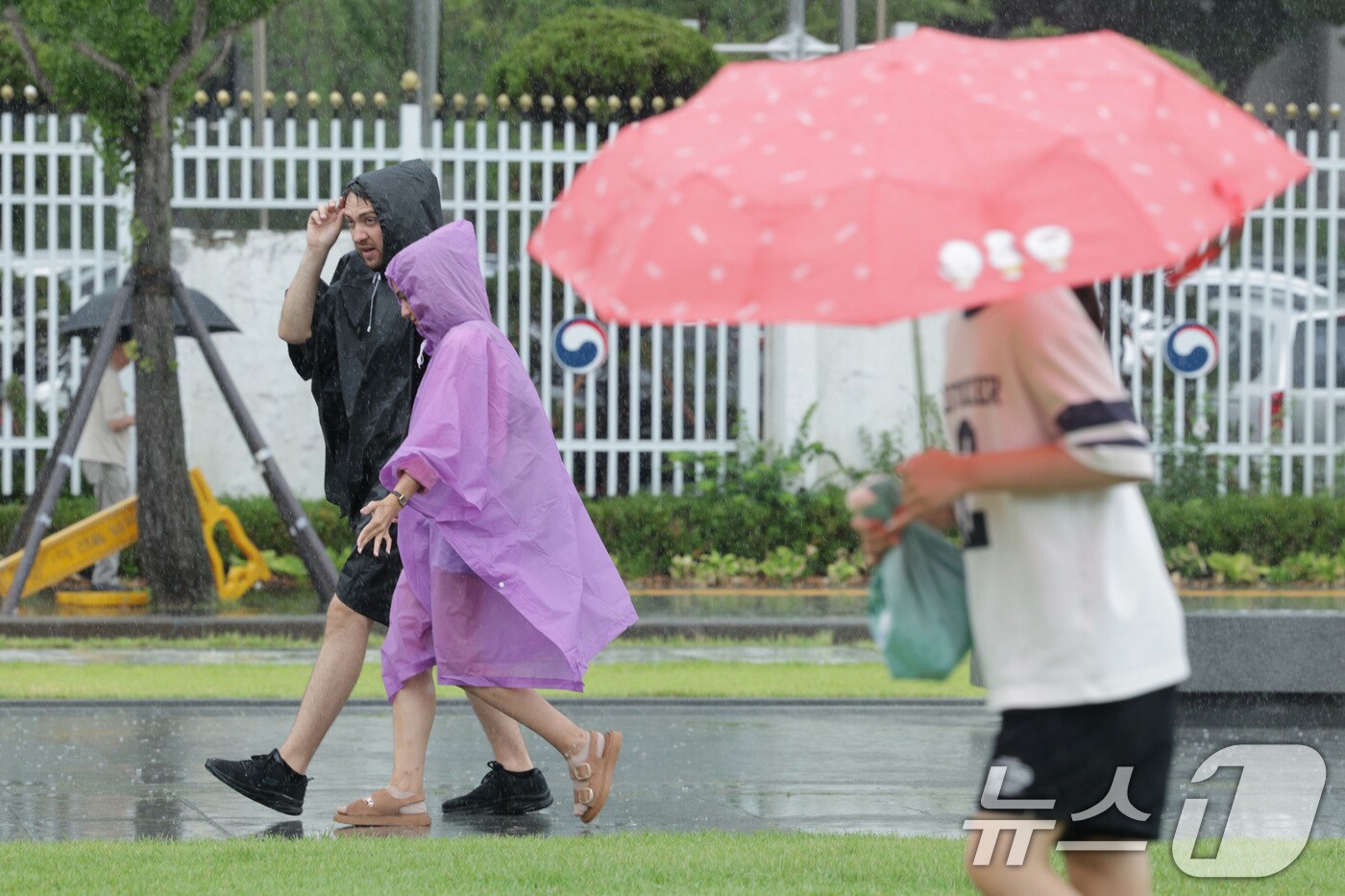 전국 곳곳에 호우 특보가 내려진 서울에 6일 오후 서울 광화문광장에서 외국인 관광객들이 비를 피하고 있다. 기상청은 비구름이 오늘 전국으로 확산하고 밤에는 남부 지방에 비를 뿌릴 것으로 예보했다. 2025.8.6/뉴스1 ⓒ News1 신웅수 기자
