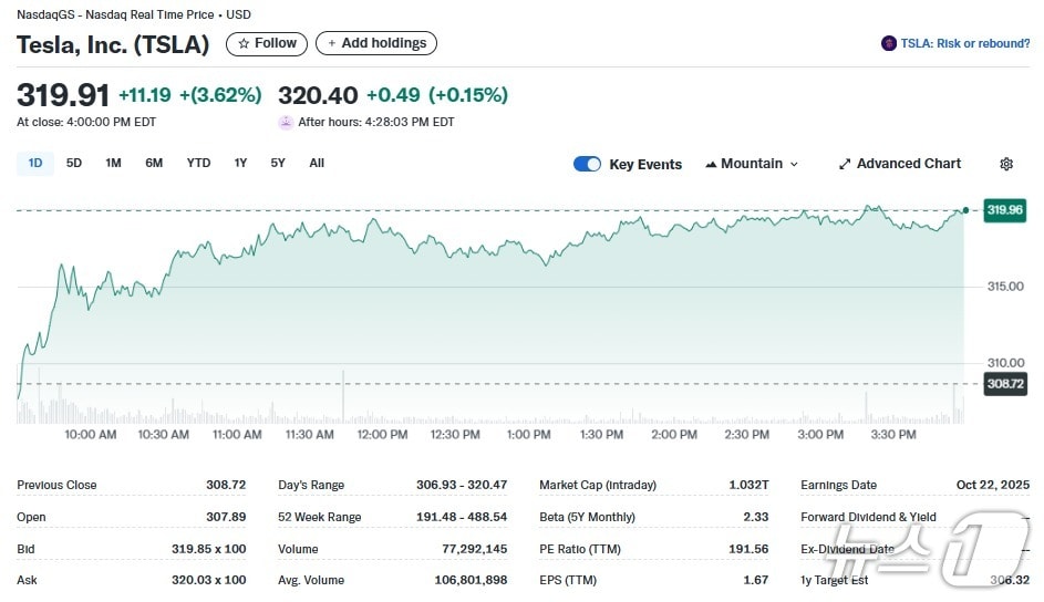 테슬라 일일 주가추이 - 야후 파이낸스 갈무리