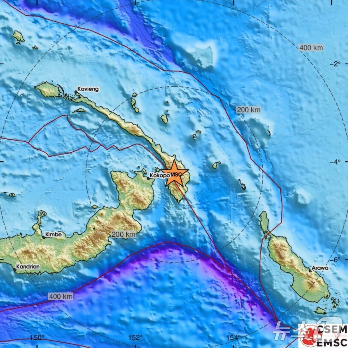 파푸아뉴기니 뉴브리튼 지역에서 7일(현지시간) 규모 5.9의 지진이 발생했다. (출처=유럽-지중해 지진센터) 2025.8.7./뉴스1