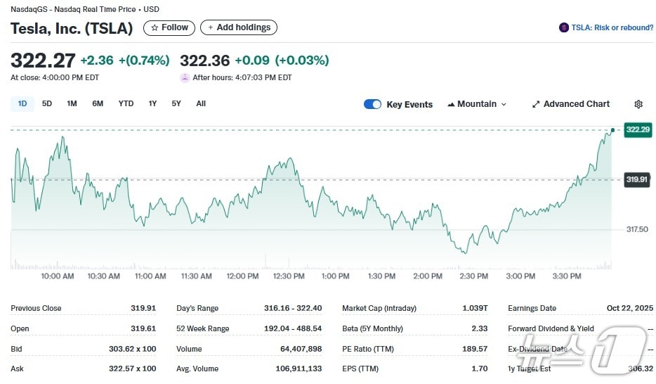 테슬라 일일 주가추이 - 야후 파이낸스 갈무리