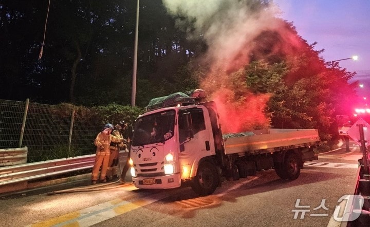 8일 오전 5시 1분쯤 충북 보은군 탄부면 당진영덕고속도로 청주방향 탄부졸음쉼터 인근을 달리던 5톤 트럭에서 불이 나 26여분 만에 꺼졌다.(보은소방서 제공, 재판매 및 DB금지)/뉴스1