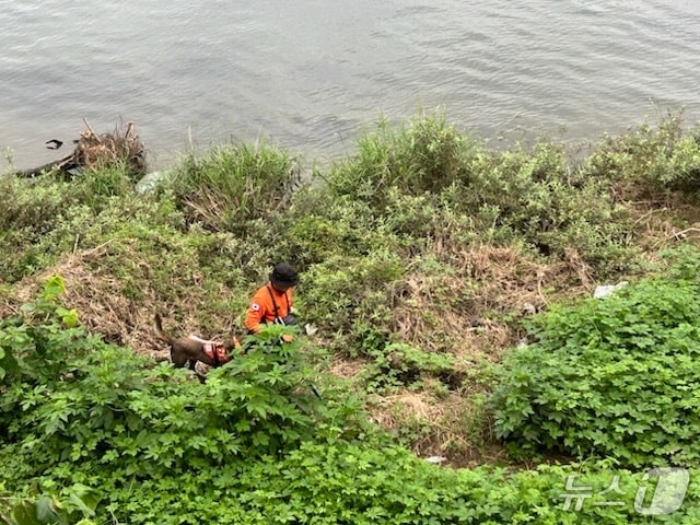 경기도북부특수대응단 소속 구조견 대찬이 9일 가평 청평에서 신원 미상의 시신 1구를 발견했다. (경기도북부소방재난본부 제공)