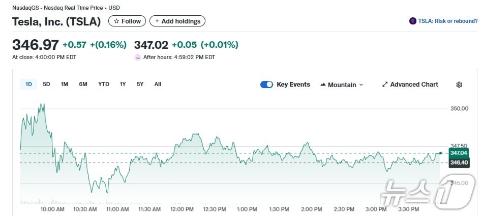 테슬라 일일 주가추이 - 야후 파이낸스 갈무리