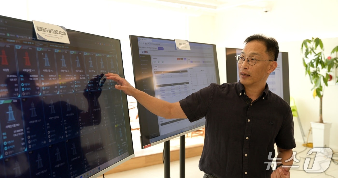 해양전용 IoT 통신망 기반 '항로표지 원격관리 시스템' 대시보드를 설명하는 ETRI 연구원(ETRI 제공) /뉴스1