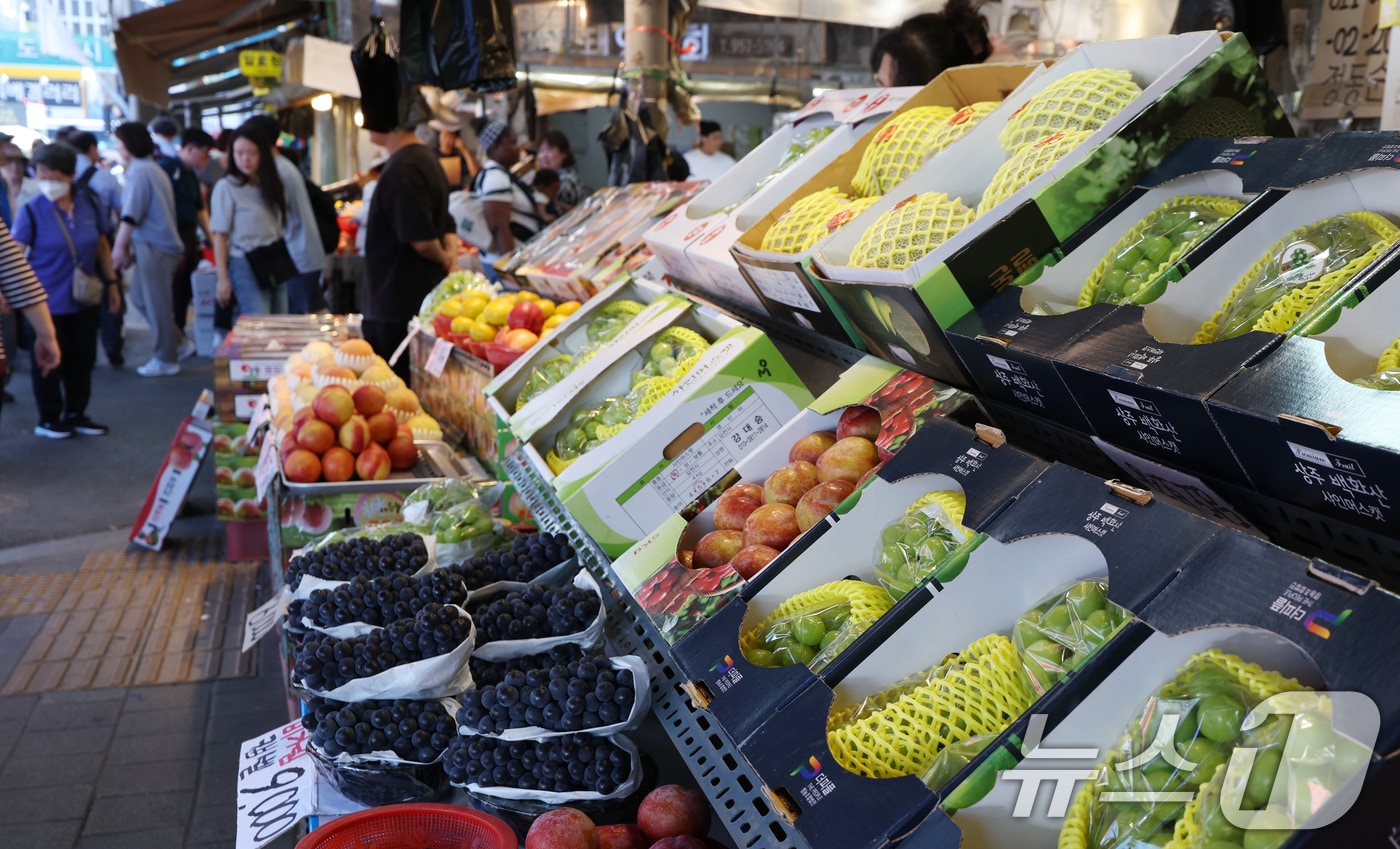정부는 추석을 계기로 민생 안정을 위한 정책으로 전통시장에서 성수품을 구매할 경우 최대 50%까지 할인받을 수 있도록 하고, 추석 선물 세트도 최대 50% 할인된 가격에 구매할 수 있도록 재정을 지원할 방침을 밝혔다. 사진은 10일 서울 청량리 청과물 시장 모습. 2025.9.10/뉴스1 ⓒ News1 김명섭 기자