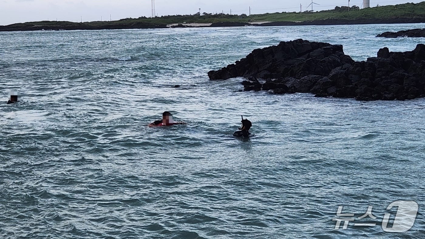 12일 오후 5시48분쯤 제주시 구좌읍 김녕해수욕장에서 물놀이객들이 파도에 휩쓸렸다가 구조되고 있다.(제주도소방안전본부 제공. 재판매 및 DB 금지)