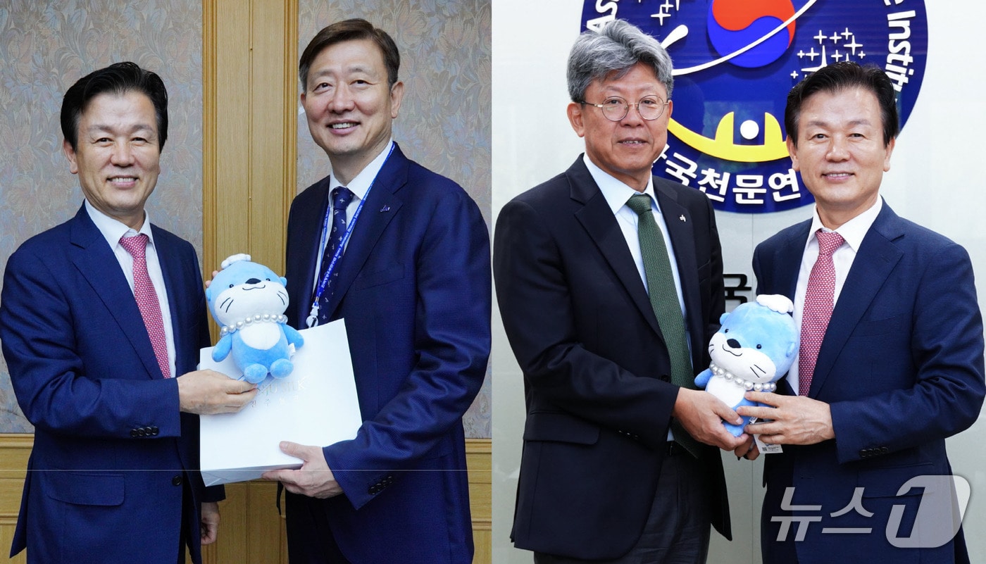 조규일 진주시장&#40;왼쪽&#41;이 15일 이상철 항우연 원장&#40;왼쪽 두번째&#41;과 박장현 천문연 원장&#40;왼쪽 세번째&#41;을 만나 우주항공산업 발전 상호 협력을 논의했다&#40;진주시 제공. 재판매 및 DB금지&#41;.