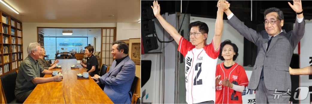 이낙연 전 국무총리는 지난주 경남 양산 문재인 전 대통령 사저를 찾아 환담을 나눈 장면을 자신의 SNS에 소개, 여러 뒷말을 낳았다 . 오른쪽 사진은  제21대 대통령 선거를 하루 앞둔 지난 6월  2일 오후 서울 중구 서울시청 앞 유세에서 김문수 국민의힘 후보 지지를 호소하던  모습. &#40;SNS 갈무리&#41;  2025.6.2/뉴스1 ⓒ News1 이광호 기자
