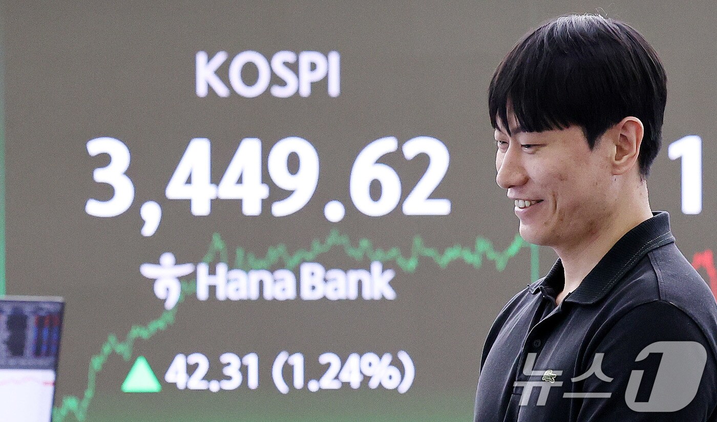 16일 서울 중구 하나은행 딜링룸 전광판에 코스피 종가가 표시되고 있다. 이날 코스피는 11거래일 연속 상승하며 5거래일 째 역대 최고가를 기록했다. 코스피 지수는 1.24% 상승한 3449.62으로 마감했다. 2025.9.16/뉴스1 ⓒ News1 박지혜 기자