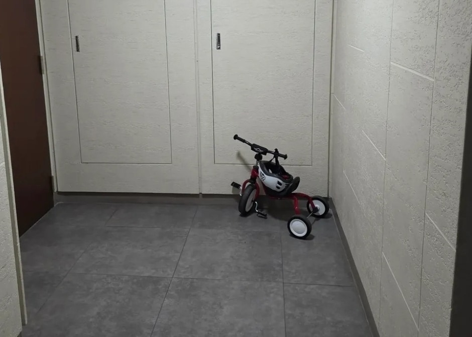 TPS(통신 전용 전선 통로) 앞에 세워둔 어린이용 세발자전거가 '불법 적치물'로 신고당했다. (SNS 갈무리)