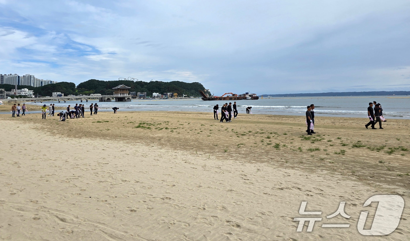 19일 현대자동차 포항하이테크센터와 블루핸즈 지역 대표들이 영일대해수욕장에서 플로깅 캠페인을 진행하고 있다. (현대자동차 블루핸즈 제공, 재판매 및 DB금지) 2025.9.19/뉴스1 ⓒ News1 최창호 기자