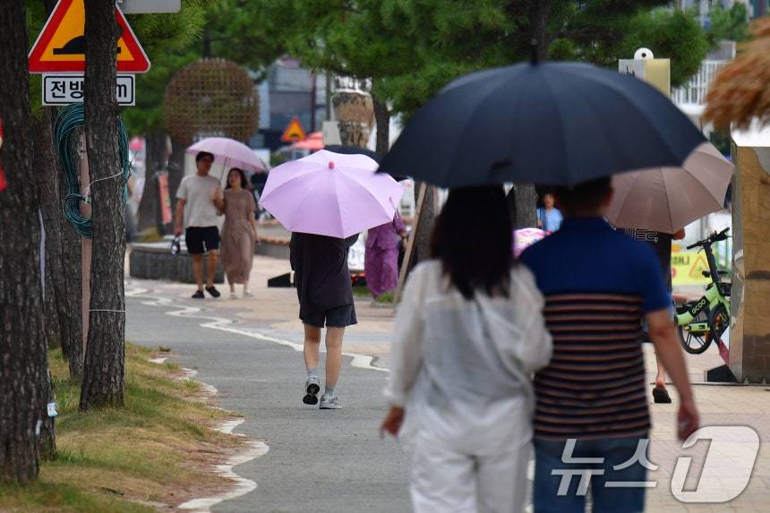 7일 경북 포항시 북구 영일대해수욕장에서 우산을 쓴 시민들과 관광객들이 해안도로를 따라 걸어가고 있다. 2025.9.7/뉴스1 ⓒ News1 최창호 기자