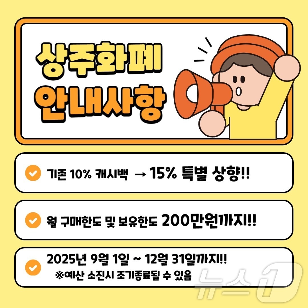 상주시가 올 연말까지 지역화폐인 ‘상주화폐’의 캐시백 지급률을 10%에서 15%로 상향한다.(상주시 제공,재판매 및 DB 금지) /뉴스1