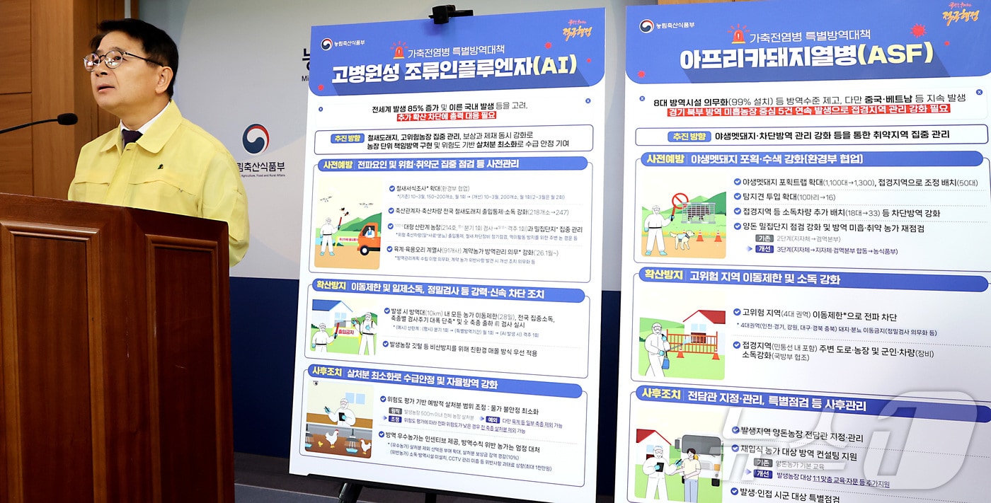 최정록 농림축산식품부 방역정책국장이 지난 23일 세종시 정부세종청사에서 2025-2026년 겨울철 가축전염병 특별방역대책을 발표하고 있다. 농림축산식품부는 10월부터 내년 2월까지 가축전염병 특별방역대책 기간으로 설정하고 병원성 AI, 구제역, 아프리카돼지열병에 대한 방역 관리를 대폭 강화해 나갈 계획이라고 밝혔다. 2025.9.24/뉴스1 ⓒ News1 김기남 기자