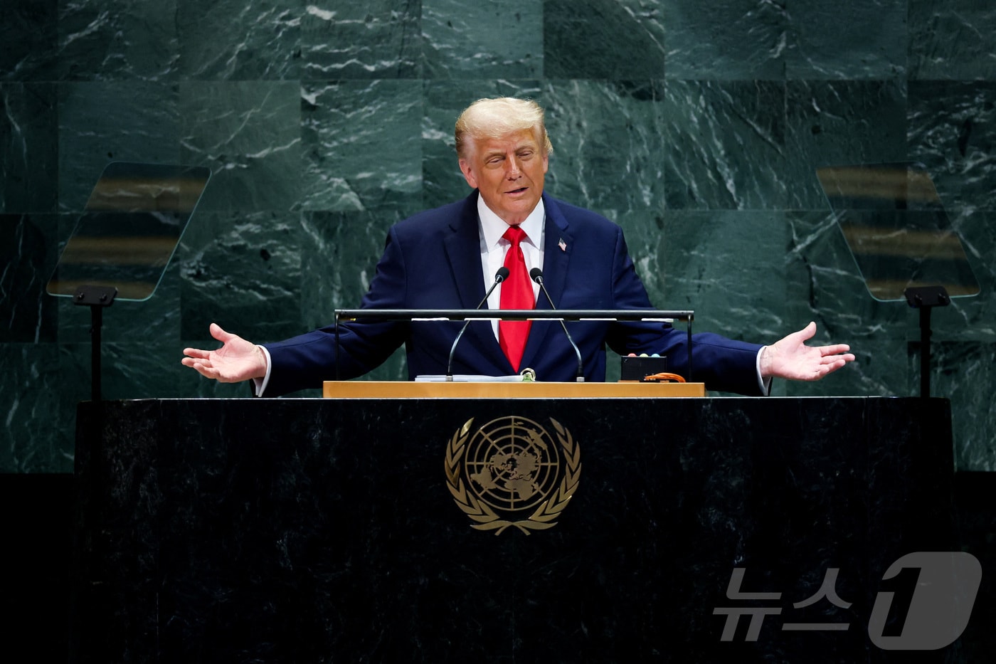 도널드 트럼프 미국 대통령이 23일(현지시간) 미국 뉴욕 유엔 본부에서 열린 제80차 유엔 총회에서 연설하고 있다. 2025.09.23. ⓒ 로이터=뉴스1 ⓒ News1 류정민 특파원